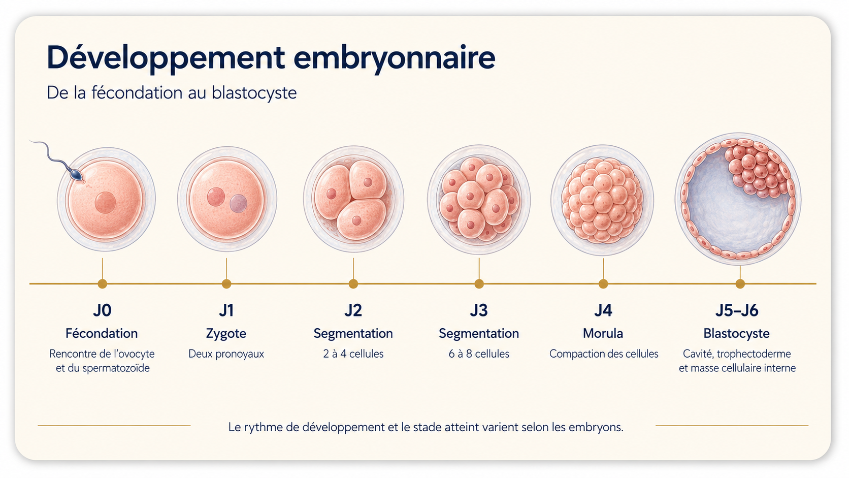 Schéma du développement embryonnaire de la fécondation au blastocyste