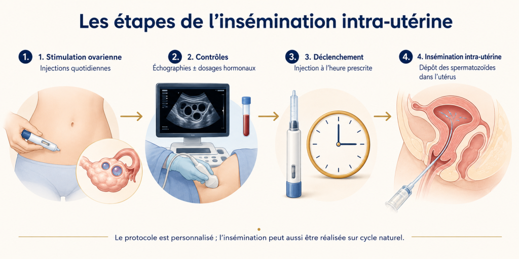 Schéma des étapes de l’insémination intra-utérine